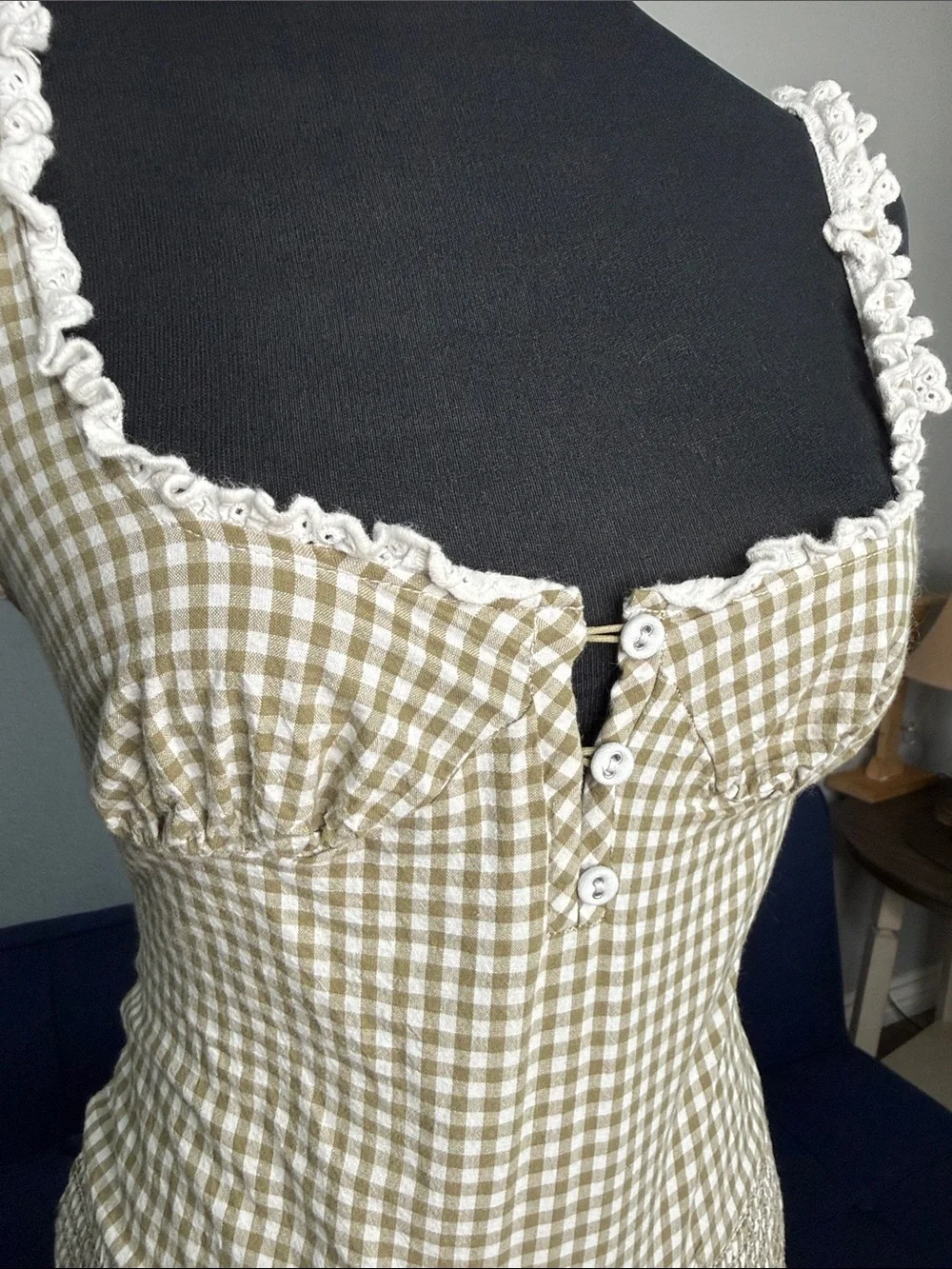 Intimately Free People Cassie Bodysuit Army Green Gingham Checked 100% Cotton XS